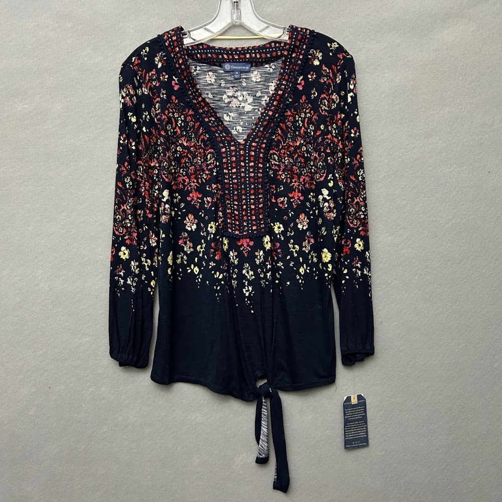 Democracy Womens Medium Tie Front Blouse Navy Blue Floral V-Neck Boho B3058VR1E